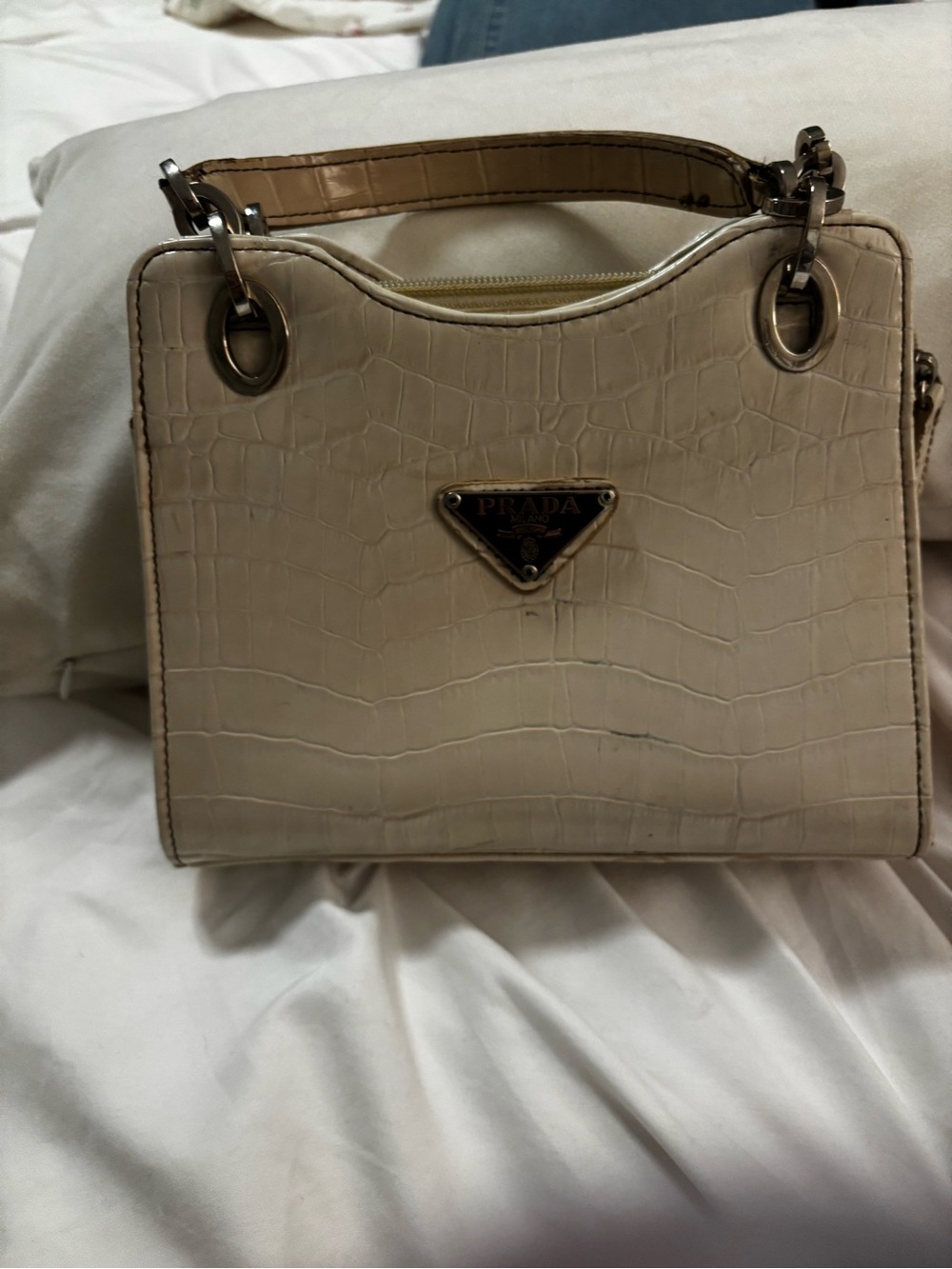 Prada Cream Croc-Embossed Top-Handle Satchel